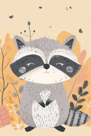 cute raccoon with nature background. children illustrationの素材