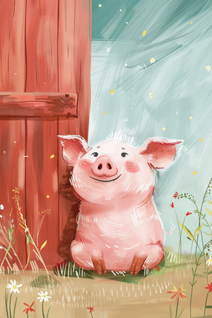 cute pig in a ranch. children illustrationの素材