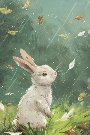 cute rabbit with nature background. children illustrationの素材