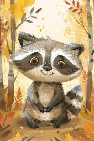 cute raccoon with nature background. children illustrationの素材