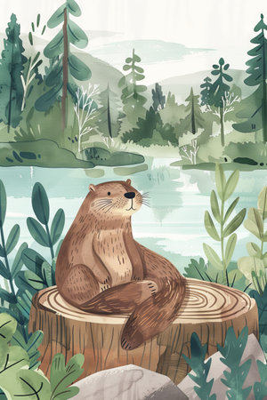 cute otter with nature background. children illustrationの素材