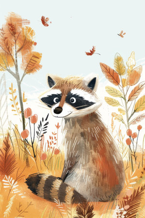cute raccoon with nature background. children illustrationの素材
