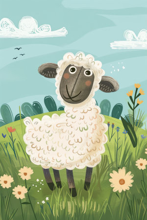 cute sheep in the meadow. children illustrationの素材