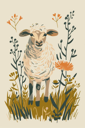 cute sheep in the meadow. children illustrationの素材