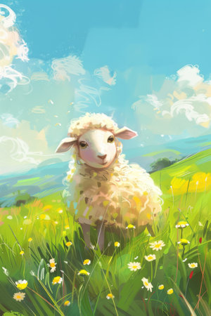 cute sheep in the meadow. children illustrationの素材