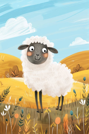 cute sheep in the meadow. children illustrationの素材