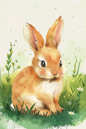 cute rabbit with nature background. children illustrationの素材