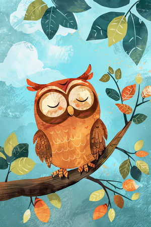 cute owl with nature background. children illustrationの素材