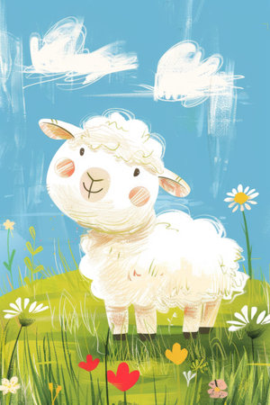 cute sheep in the meadow. children illustrationの素材
