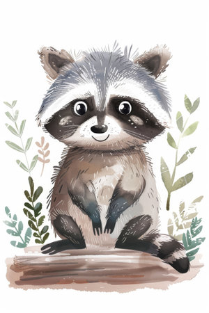 cute raccoon with nature background. children illustrationの素材