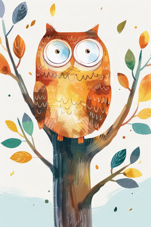 cute owl with nature background. children illustrationの素材
