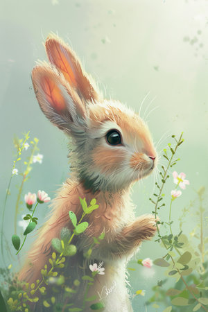 cute rabbit with nature background. children illustrationの素材