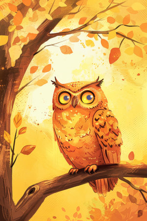 cute owl with nature background. children illustrationの素材