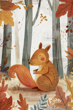 cute squirrel in autumn forest. children illustrationの素材