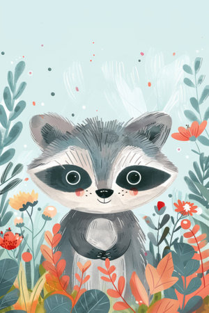 cute raccoon with nature background. children illustrationの素材