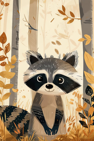 cute raccoon with nature background. children illustrationの素材
