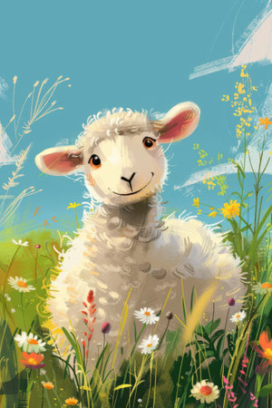 cute sheep in the meadow. children illustrationの素材