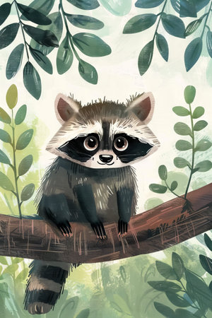 cute raccoon with nature background. children illustrationの素材