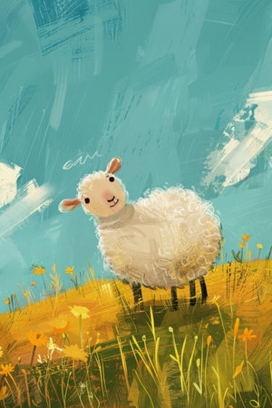 cute sheep in the meadow. children illustrationの素材