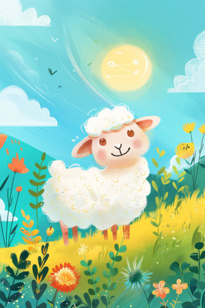 cute sheep in the meadow. children illustrationの素材