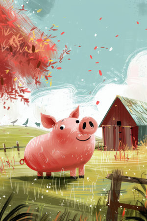 cute pig in a ranch. children illustrationの素材