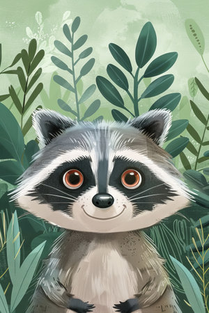cute raccoon with nature background. children illustrationの素材