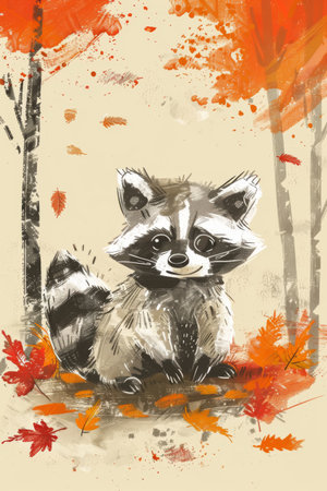 cute raccoon with nature background. children illustrationの素材