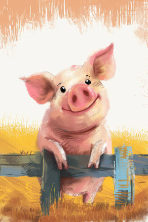 cute pig in a ranch. children illustrationの素材