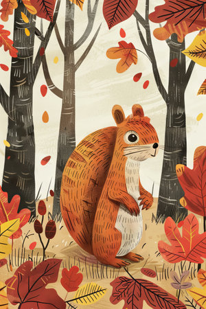 cute squirrel in autumn forest. children illustrationの素材
