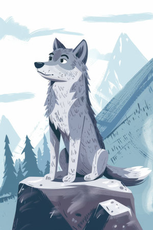 cute wolf on rocky mountain illustration. children drawing styleの素材
