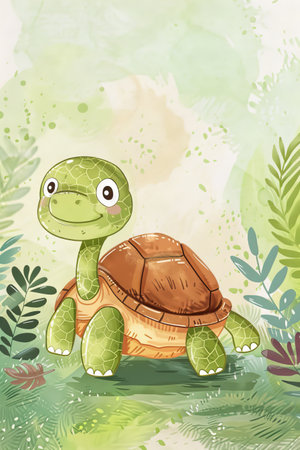 cute turtle with nature background. children illustrationの素材