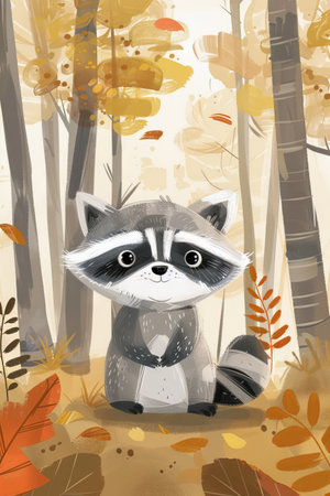 cute raccoon with nature background. children illustrationの素材