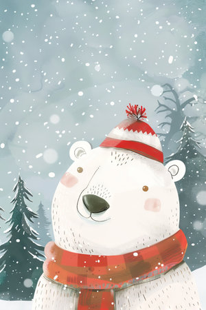 cute polar bear with winter background. children illustrationの素材