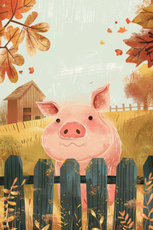cute pig in a ranch. children illustrationの素材