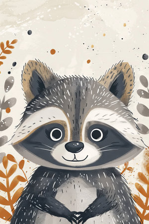 cute raccoon with nature background. children illustrationの素材