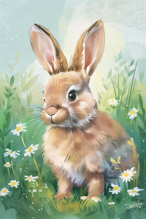 cute rabbit with nature background. children illustrationの素材