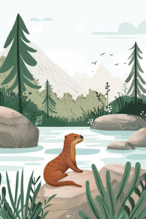 cute otter with nature background. children illustrationの素材