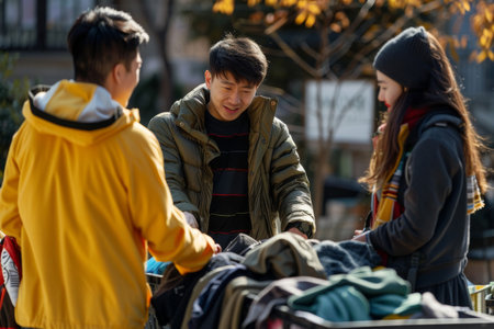 People donating and collecting clothes for charityの素材