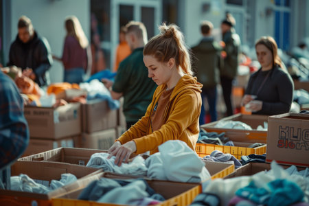 People donating and collecting clothes for charityの素材