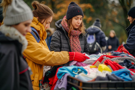 People donating and collecting clothes for charityの素材