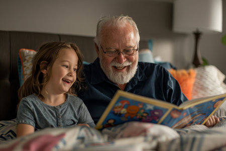 Happy senior man reading storybook with granddaughter on bed at homeの素材