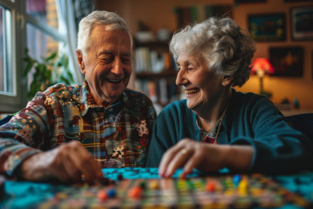 Happy senior couple playing ludo board game at homeの素材