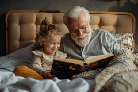 Happy senior man reading storybook with granddaughter on bed at homeの素材