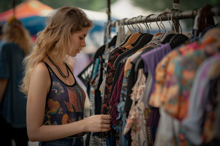 Young woman choosing dress hanging on clothes rack at flea marketの素材