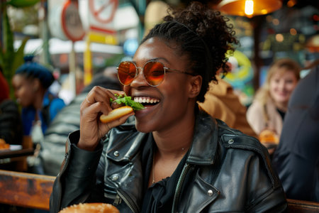 Happy black lady biting fast food in street cafeの素材