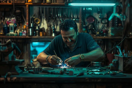 Smiling craftsperson welding at workshopの素材