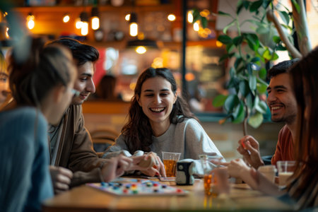 group of friends playing board games at a cafeの素材
