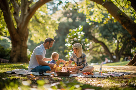 family picnic in a park, enjoying a sunny dayの素材