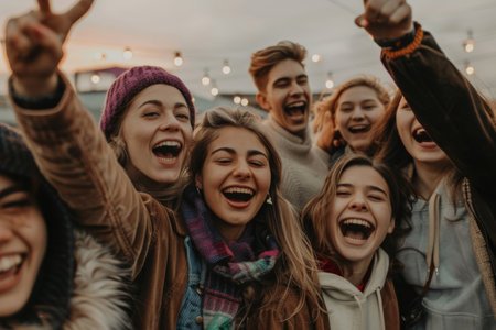 group of friends celebrating with laughter and joy in a rooftopの素材