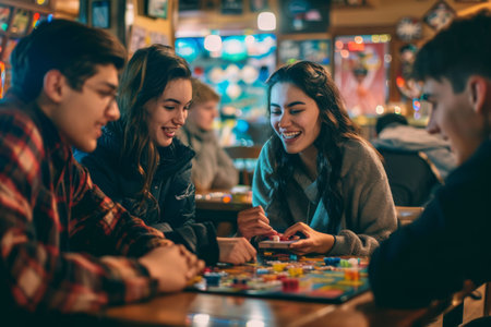 group of friends playing board games at a cafeの素材